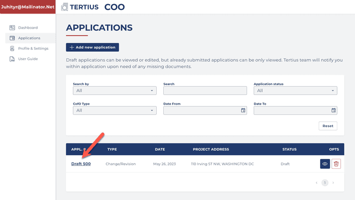 Applications dashboard
