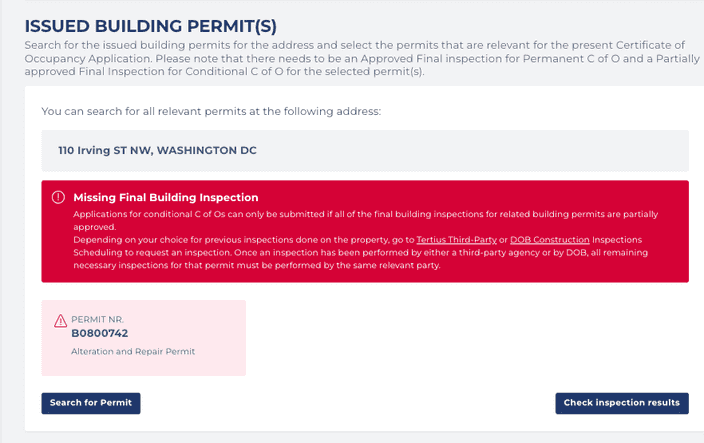 Missing Final Building Inspection error message